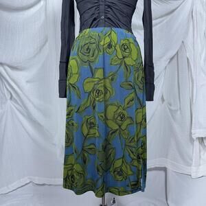 Vintage Indie Boho Floral Blue Green Midi Skirt (M)
